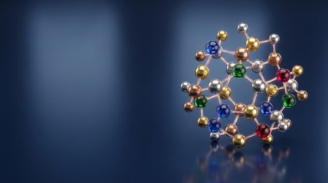 Estrutura molecular abstrata 3D brilhante com esferas met&aacute;licas no fundo azul.