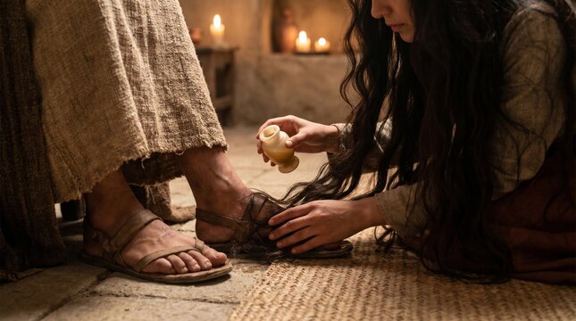 Mary Magdalene washing the feet of Jesus with her hair and pouring holy oil, candlelit ancient room.