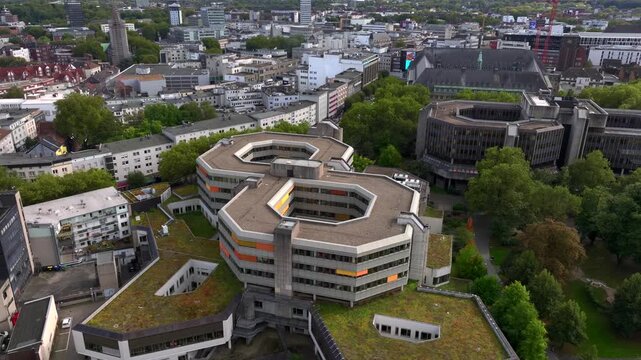 Aerial drone view of Modern Buildings in Bochum-Innenstadt, City center of Bochum in North Rhine-Westphalia, Germany.