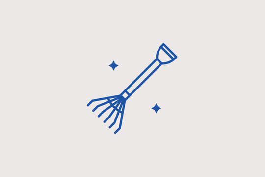 Classic garden rake line icon for soil leveling and bed preparation. Traditional vector illustration for hardscaping services and garden tool maintenance.