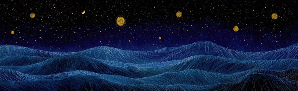 An impressionistic painting of a deep blue, wavy ocean under a starry night sky