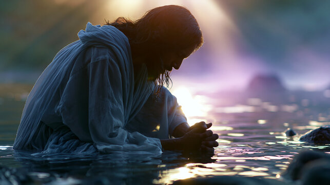 Cinematic side view silhouette of a robed figure gently kneeling in a bright soft pastel river with soft sun rays streaming down baptism scene jesus baptism faceless
