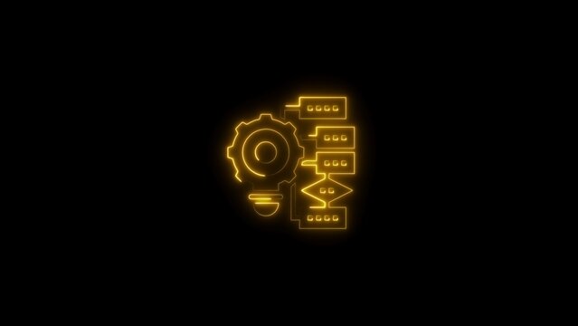 Glowing yellow neon line of a mechanical gear connected to a data flowchart diagram