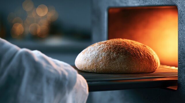A gloved hand places a round loaf of bread into a hot oven