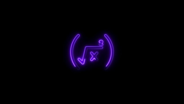 Neon purple math equation symbol with square root and exponent isolated on dark black background