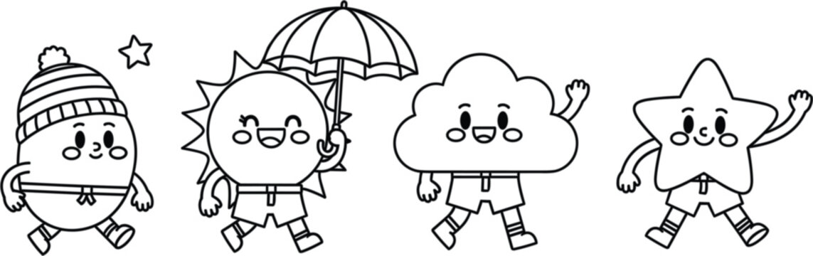 Cute weather cartoon characters outline illustration featuring winter hat sun cloud umbrella and star doodle mascots