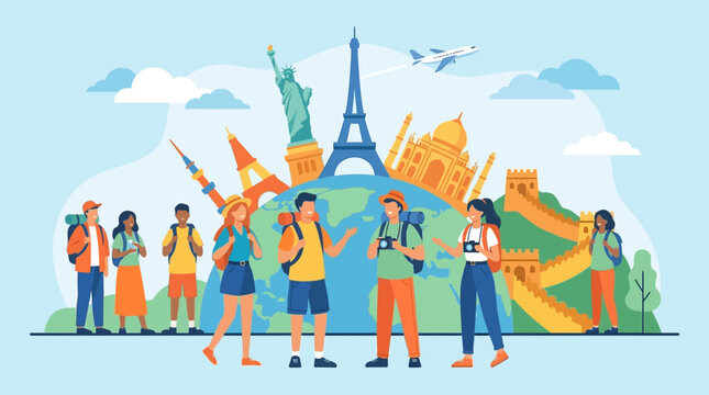 Diverse Group of International Travelers Exploring Famous Global Landmarks and the Earth