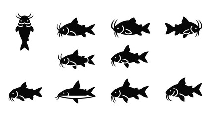 Fototapeta premium Freshwater catfish silhouettes and swimming fish icons collection.