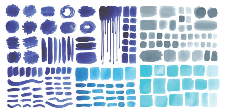 Set of various blue and grey ink brush strokes and paint splashes for creative design elements