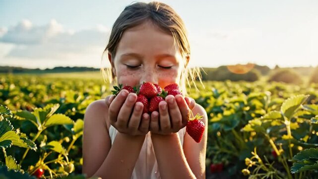 Happy girl holding a handful of freshly picked, juicy, red strawberries in a strawberry field on a sunny day