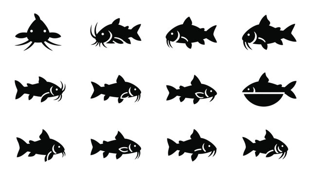 Variety of catfish silhouettes and aquatic symbols vector set.