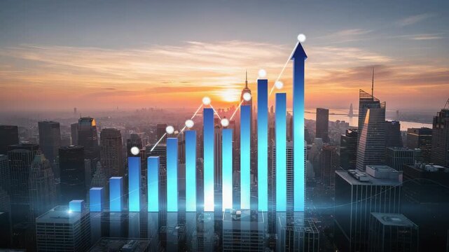 Futuristic cityscape at sunset with glowing blue bar graphs symbolizing exponential economic growth
