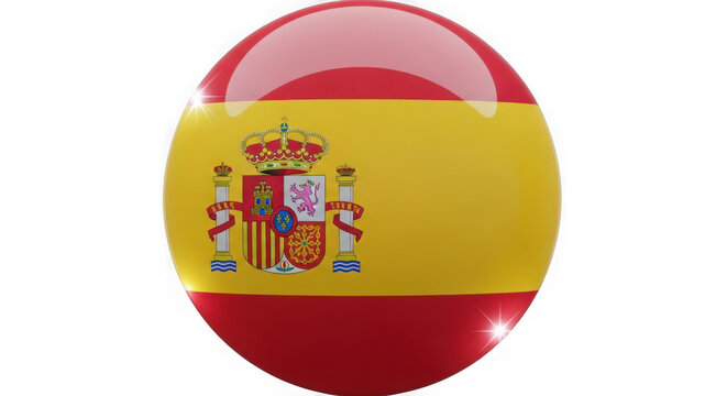 Shiny glossy round button with the national flag of spain isolated on transparent background
