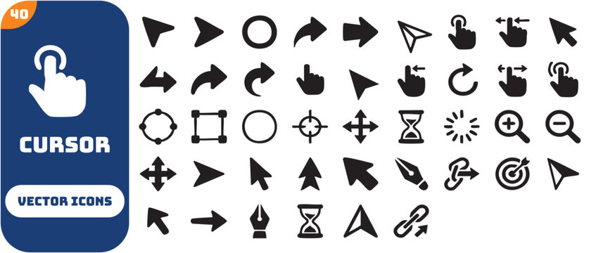 Click cursor set icon, arrow and hand pointer, computer cursor mouse forms.
