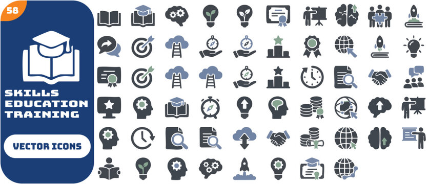Skills, education and training icon collection in colored style. Set of skills, education, training, learning, knowledge, school, study and personal development icons.