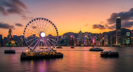 Obraz premium Ferris wheel and city skyline at sunset scenic waterside view