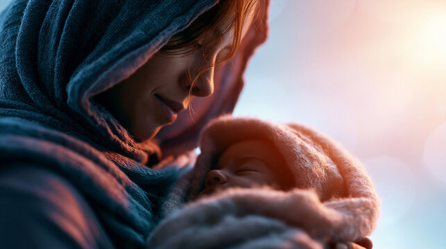Cinematic close up of a softly defocused figure in a headscarf gently cradling a soft swaddled infant against a bright soft pastel sky mary with baby jesus nativity scene