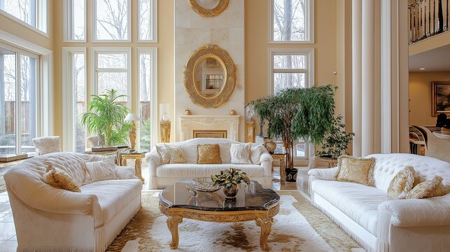 Modern living room with white sofa and gold coffee table. Luxurious interior
