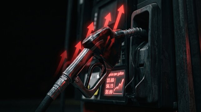 Rising Gas Prices and Inflation Impact Concept with Fuel Nozzle and Glowing Red Upward Arrows Showing Expensive Gasoline Costs and Energy Crisis Economic Trends at Gas Station Pump Price Display