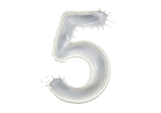 spectacular hyperrealistic splash of brilliant white milk frozen mid-air forming the numeral '5' with turbulent droplets and glossy texture, isolated on matte black, concept for dynamic advertising