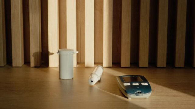 A glucometer is placed on a wooden table alongside a test strip holder and a lancing device. This setup is used for checking blood sugar levels at home.
