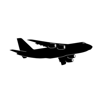 Black silhouette of a large four-engine airplane in flight, viewed from the side, isolated on a white background, representing air travel.
