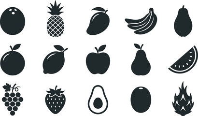 Black fruit 16 symbols on white background, including apple, banana, pineapple, pear, and more fruit black and white © Graphic Shops