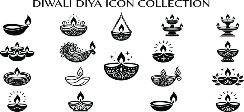 Diwali Diya Icon Collection Featuring Traditional Indian Oil Lamps, Festival Lights, Decorative Deepak Designs, and Hindu Celebration Illumination Elements