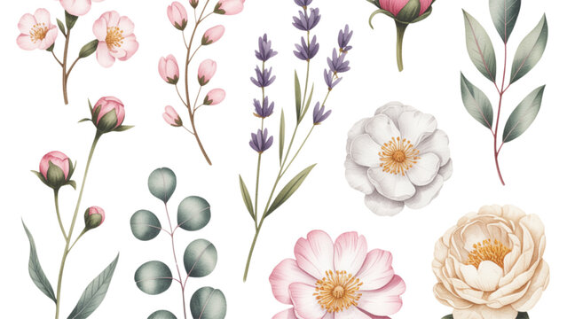 Collection of colorful flowers and plants with leaves and buds in a flat design style Vector