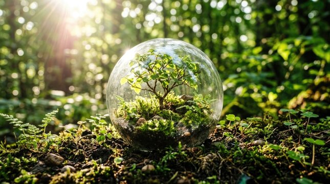 Miniature forest in glass orb sustainable ecosystem concept