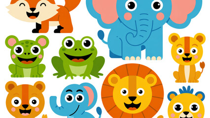 Obraz premium Colorful cartoon animals and monsters playing together in a cheerful group Vector