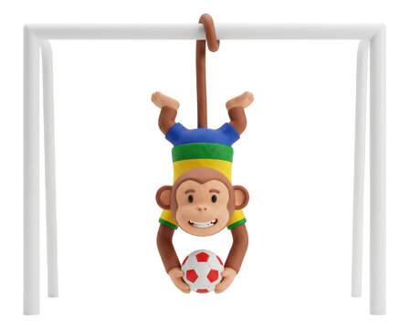 Cute monkey cartoon character in Brazilian soccer uniform holding a ball isolated on transparent background