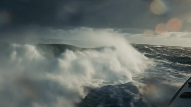 Epic ocean wave crashing near a ship in a storm with dramatic lightning strikes against a dark sky