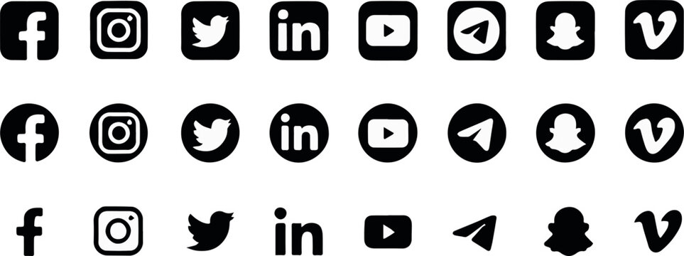 icons social media set three styles rounded circle and bare glyphs