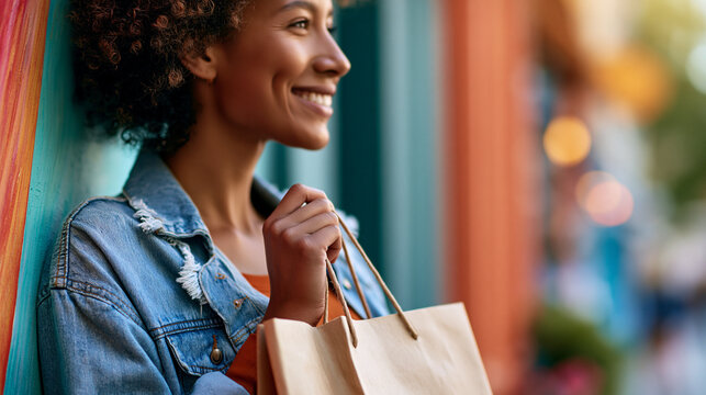 Young African woman smiling while shopping near colorful wall, vibrant lifestyle branding, retail fashion campaign, playful urban consumerism concept, softly defocused background,