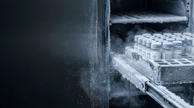 frozen laboratory medicine sample tray sliding from ultra cold pharmaceutical biotech preservation freezer