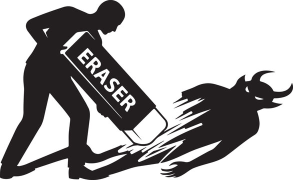 Silhouette of a person erasing a devil silhouette with silhouette, removing