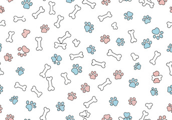 Fototapeta premium Colorful pattern of dog bones and paw prints on white background