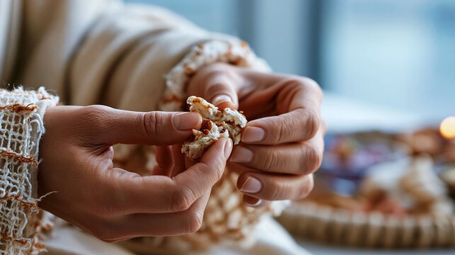 Macro close up of softly defocused robed hands gently breaking a small piece of soft bread against a bright soft pastel backdrop breaking bread communion symbol faceless macro