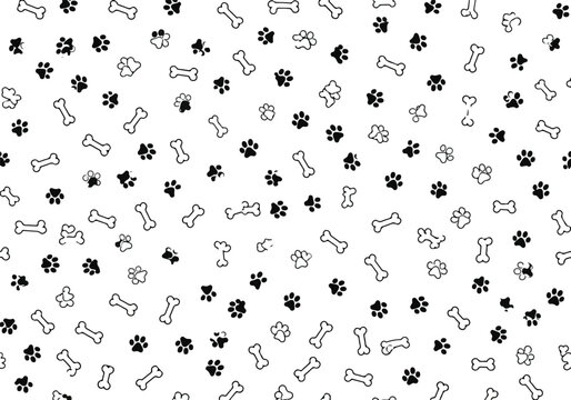 Seamless pattern of dog bones and paw prints on white background