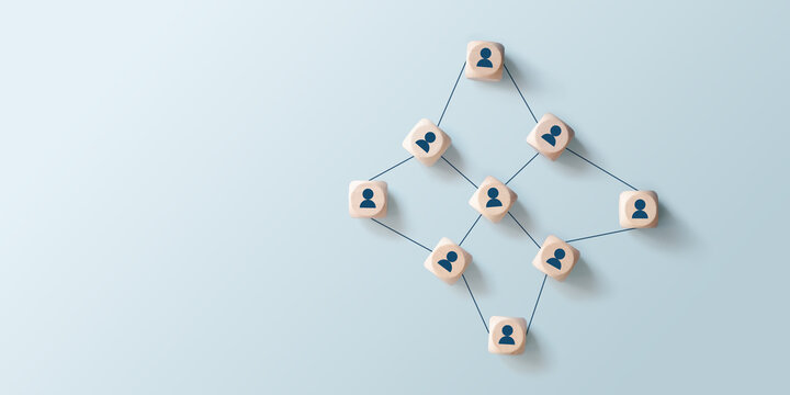 Organizational network structure with connected people icons on wooden blocks, showing team collaboration, stakeholder mapping, social graph, and business communication on a light background