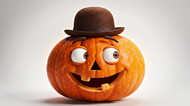 Cheerful Halloween pumpkin with a brown bowler hat and animated winking, joyful and festive character for autumn celebrations