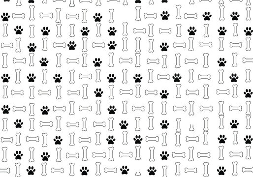 Seamless pattern of dog bones and paw prints on white background