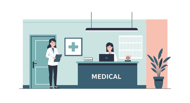 Medical clinic reception office with doctors and waiting area illustration.