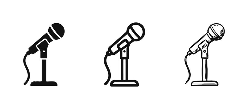 Microphone on Stand Icons Set for Podcast Recording and Audio Broadcasting
