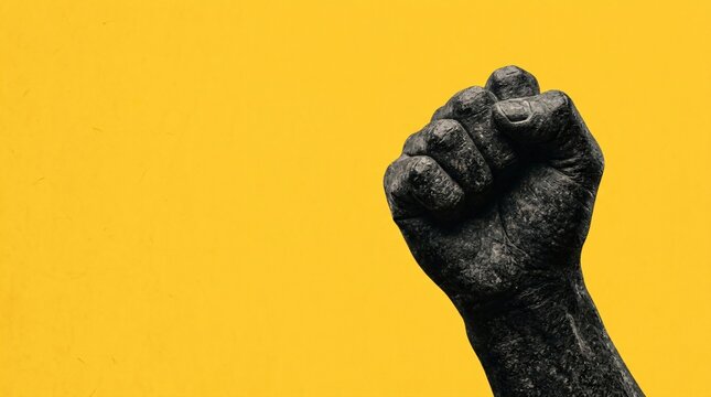 Raised fist sculpture on yellow background. Symbolic hand gesture for protest, power, unity and resistance. Concept of political activism, social justice movement and human rights equality.