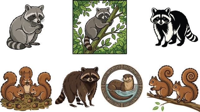 Cute Wildlife Illustrations Featuring Raccoons, Squirrels, and Otter in Nature Settings for Animal Lovers
