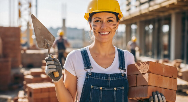 Smiling woman bricklayer in blue overalls holding trowel and stack of bricks on site. Confident woman bricklayer showcases expertise and hard work in building trade.