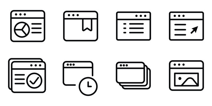 Set of flat design browser window icons with various interface elements