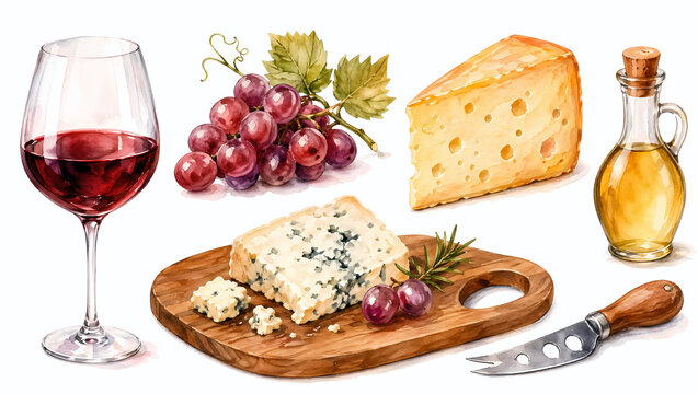 Watercolor wine and cheese clipart set with red wine glass, grapes, blue cheese and olive oil, illustration isolated on white background, for tasting menu
